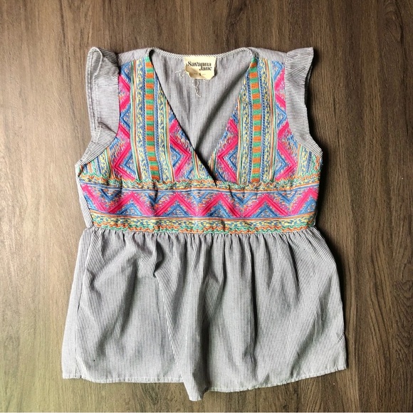 Savanna Jane Shirt Womens Size Small Striped Embroidered Top Boho Floral Aztec - Picture 1 of 8